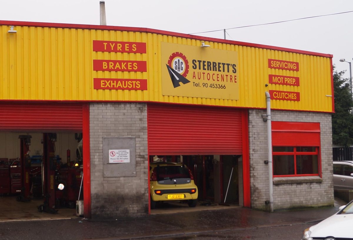 Sterrett's Auto Centre, the yellow and red garage at 38 Ravenhill Road, Belfast